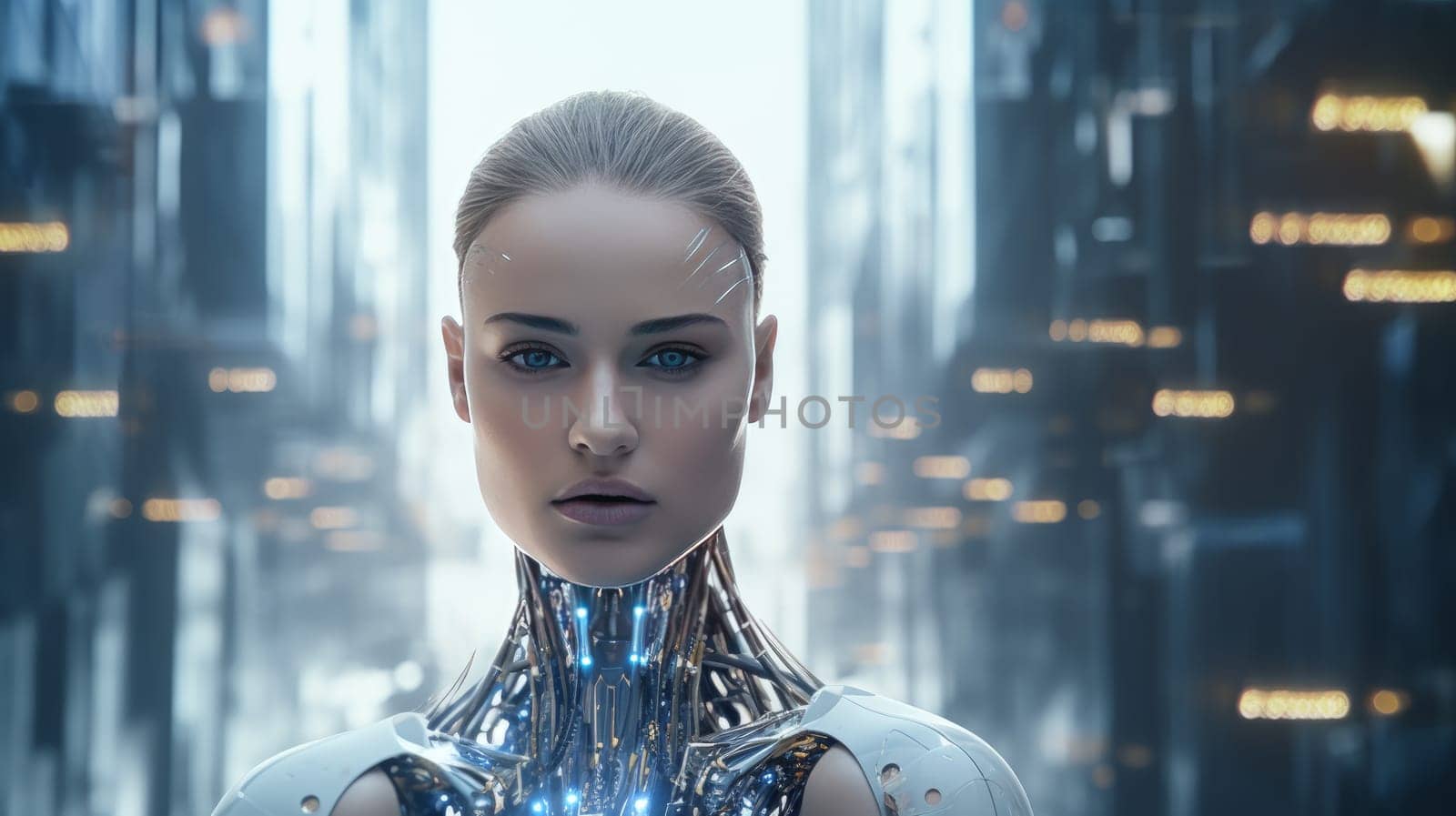 Concept of advanced artificial Intelligence with a android woman portrait. Generated artificial art