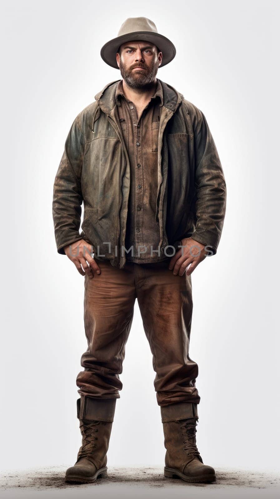 Farmer with hat standing in studio isolated on white background. artificial art
