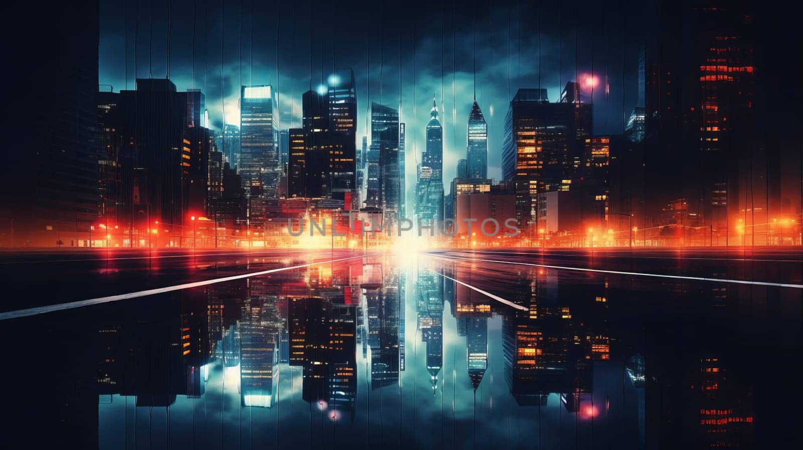 Concept of futuristic modern skylines illuminated in a fictonal metropolis. Generated with Artificial Art
