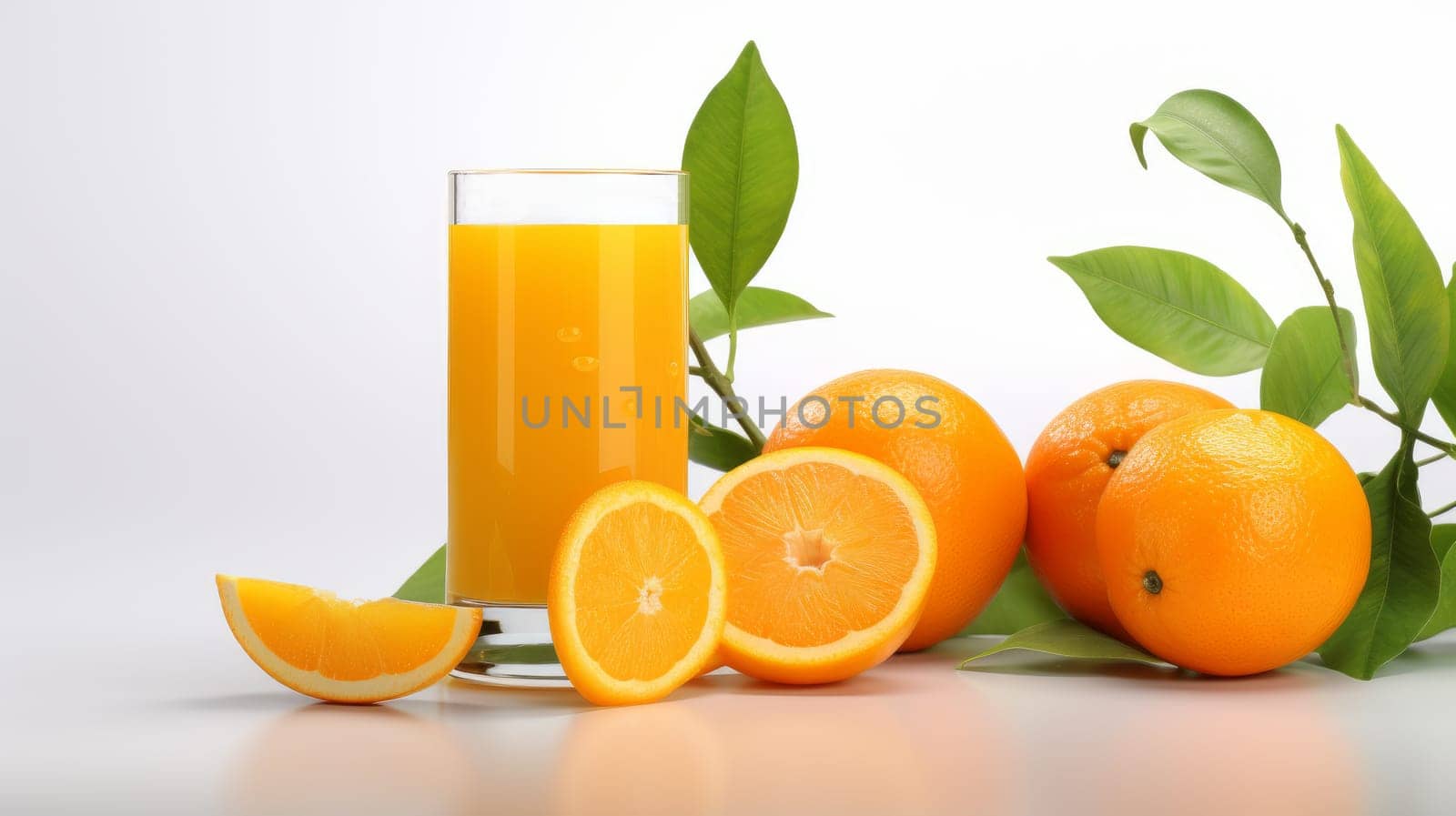 Fresh delicious orange juice in a glass with orange fruit. artificial art