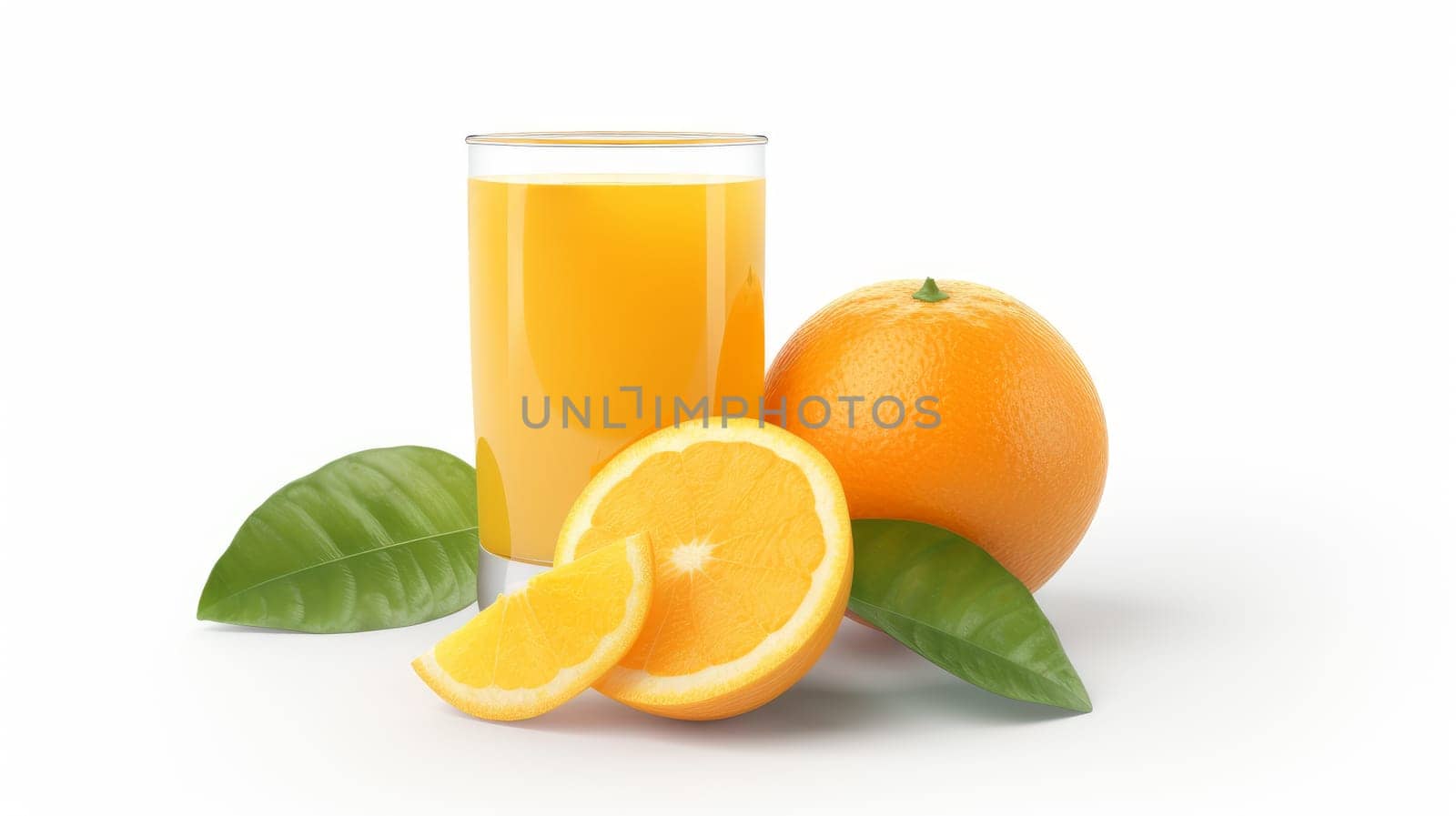 Fresh delicious orange juice in a glass with orange fruit. artificial art