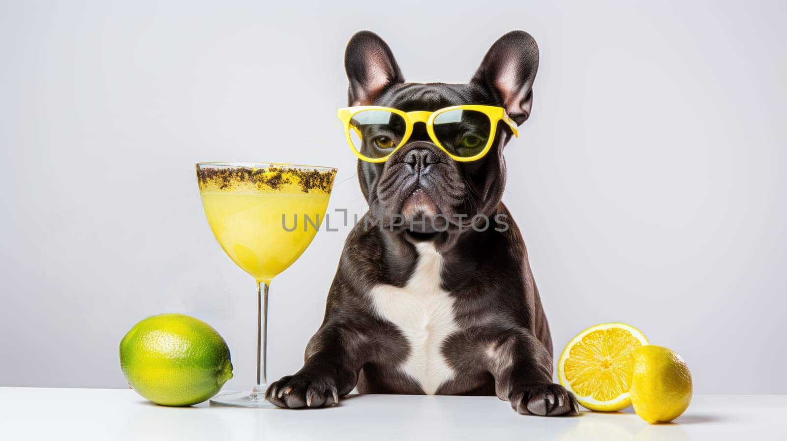 Funny French Bulldogg with eyeglass and delicious Cocktail on bright background. Artificial Art
