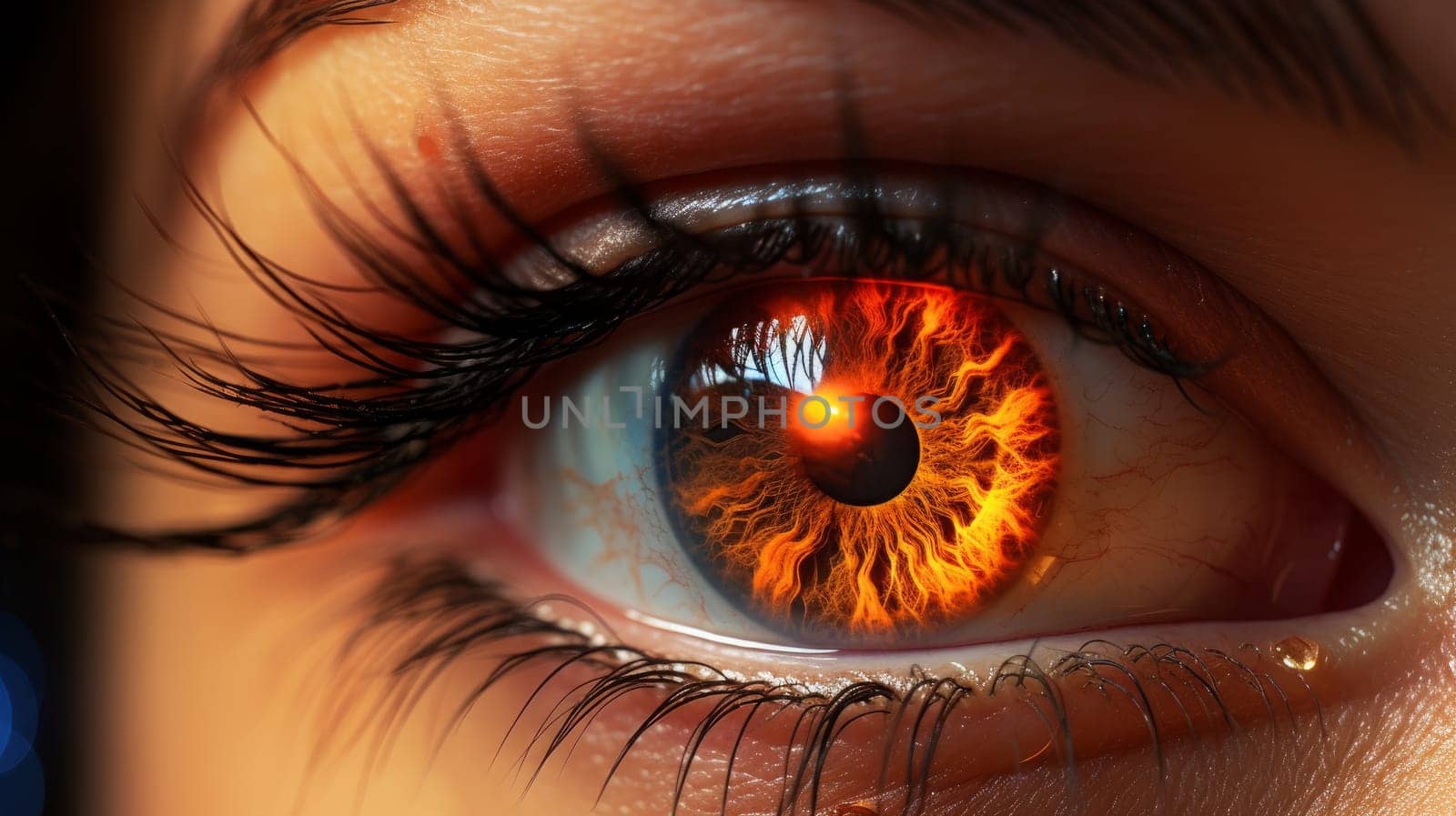 Energy and Danger concept image of human eye with fire flames. Generated with artificial Art