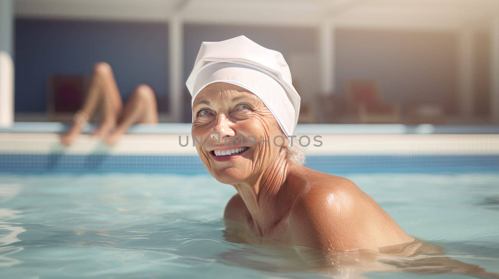 Beautiful elderly woman with googles enjoy swimming in the pool on a sunny day in summer. Artificial Art