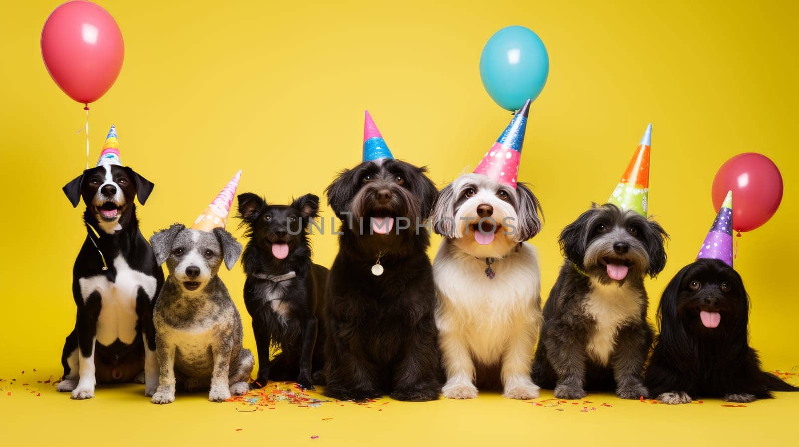 Mixed breed dogs with funny party decoration - concept for advertising and postcards. Artificial Art