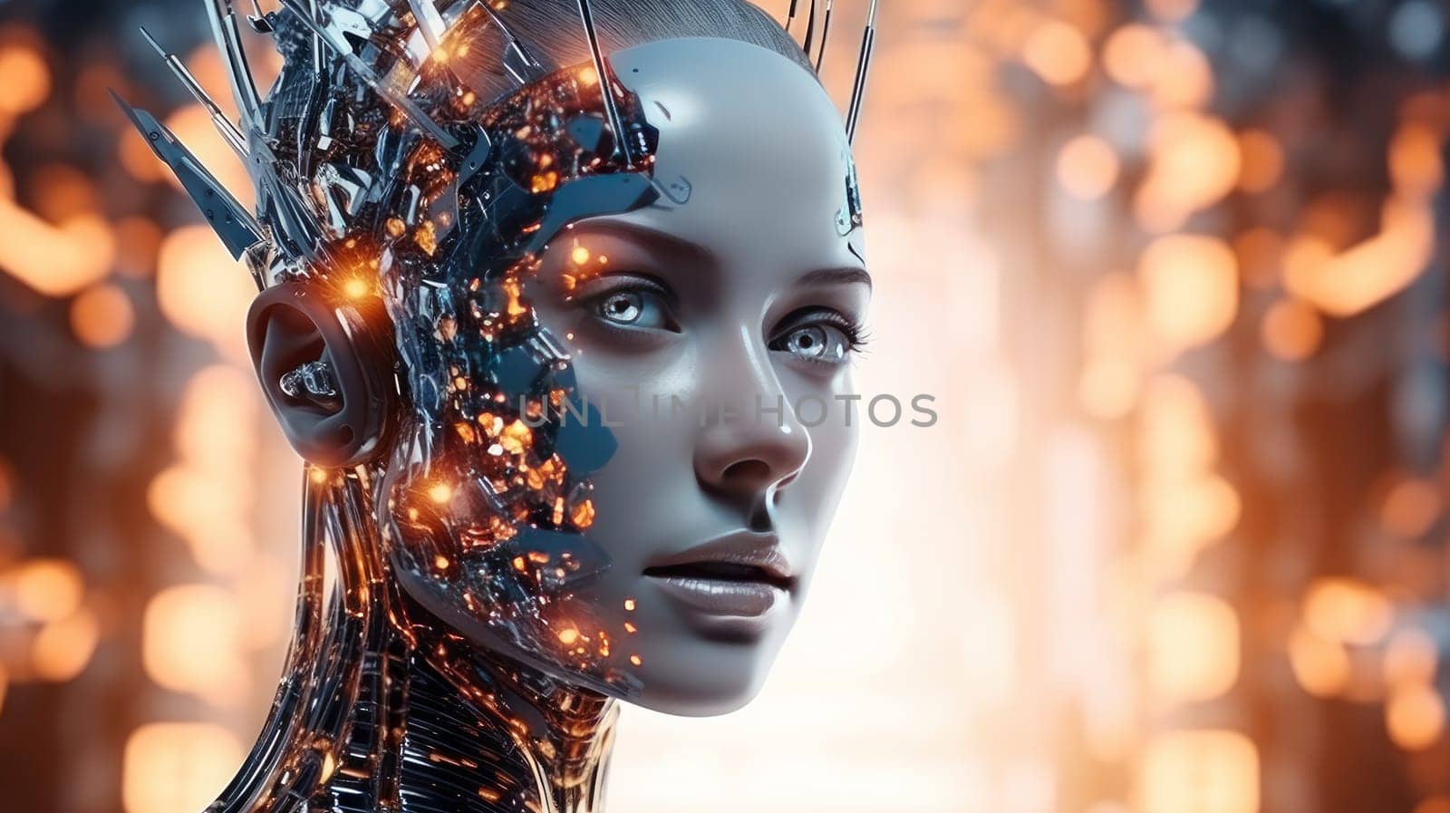 Concept of advanced artificial Intelligence with a android woman portrait. Generated artificial art