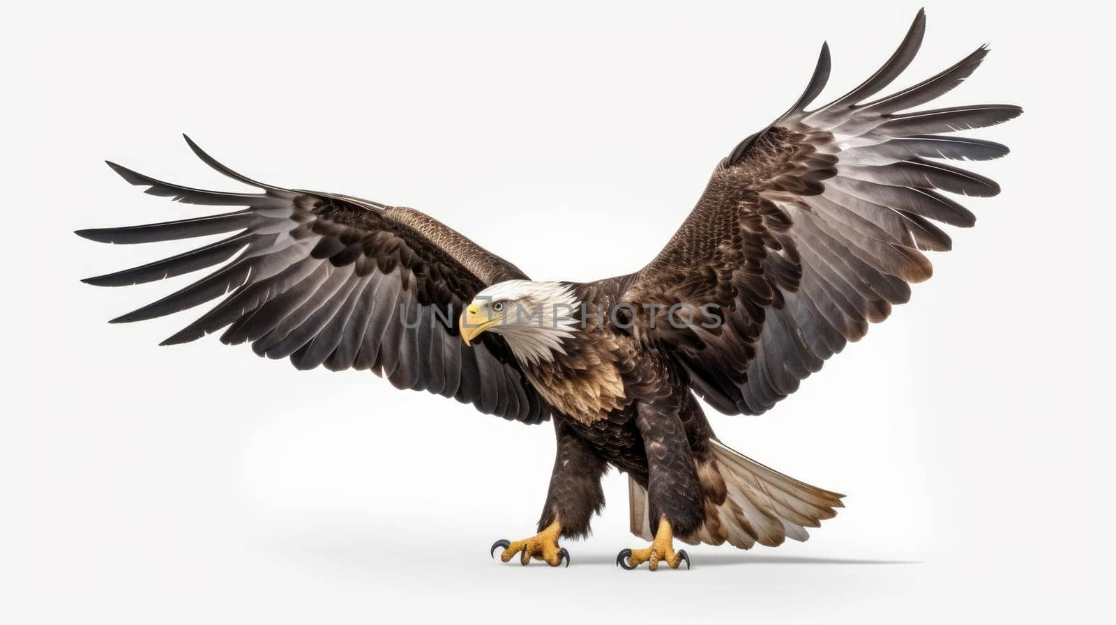Majestic raptor spreads wings, flying high. Isolated over white background. artificial art