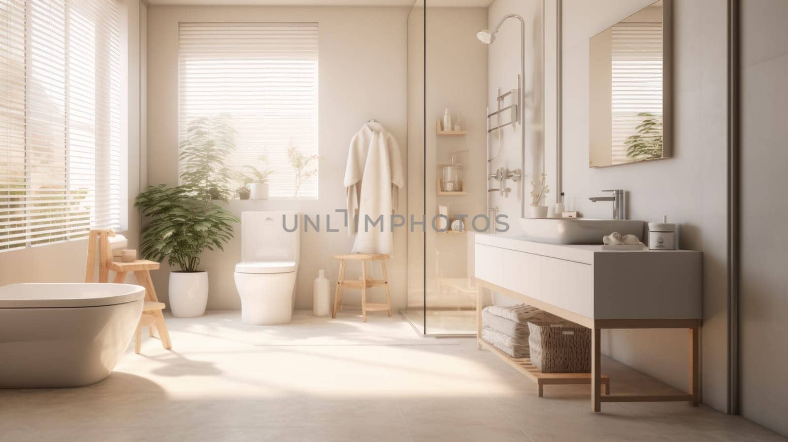 Beautiful bathroom in luxury home with bathtub, and shower. artificial art