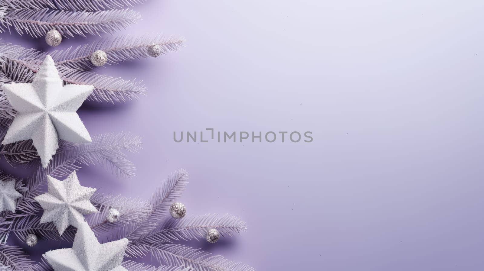 Christmas holiday star and fir branch background in bright purple colours. Winter theme wallpaper.