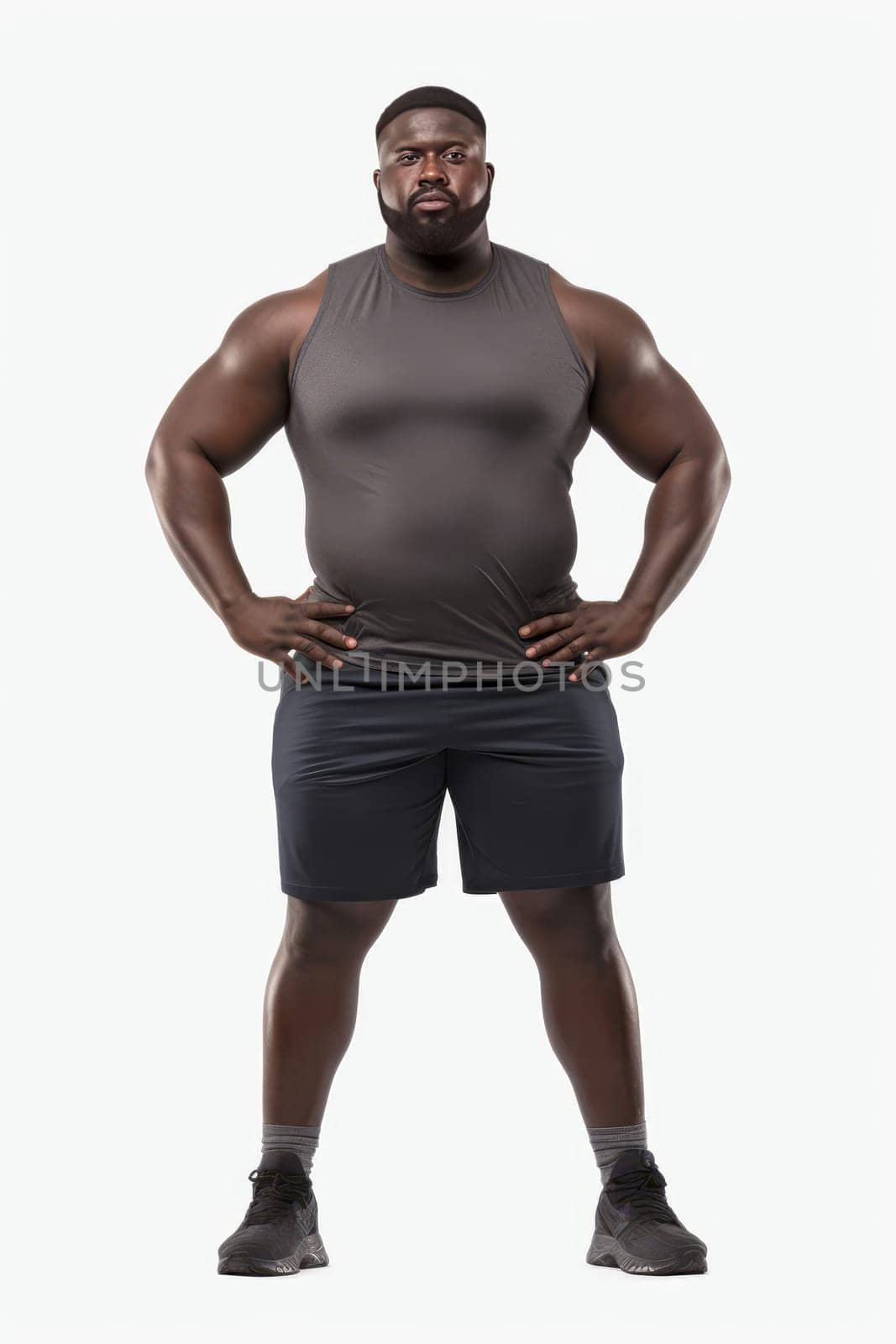 Strong Afro American Athlete with beard Standing in Front View, Looking at Camera on white background. Generative Artificial Art