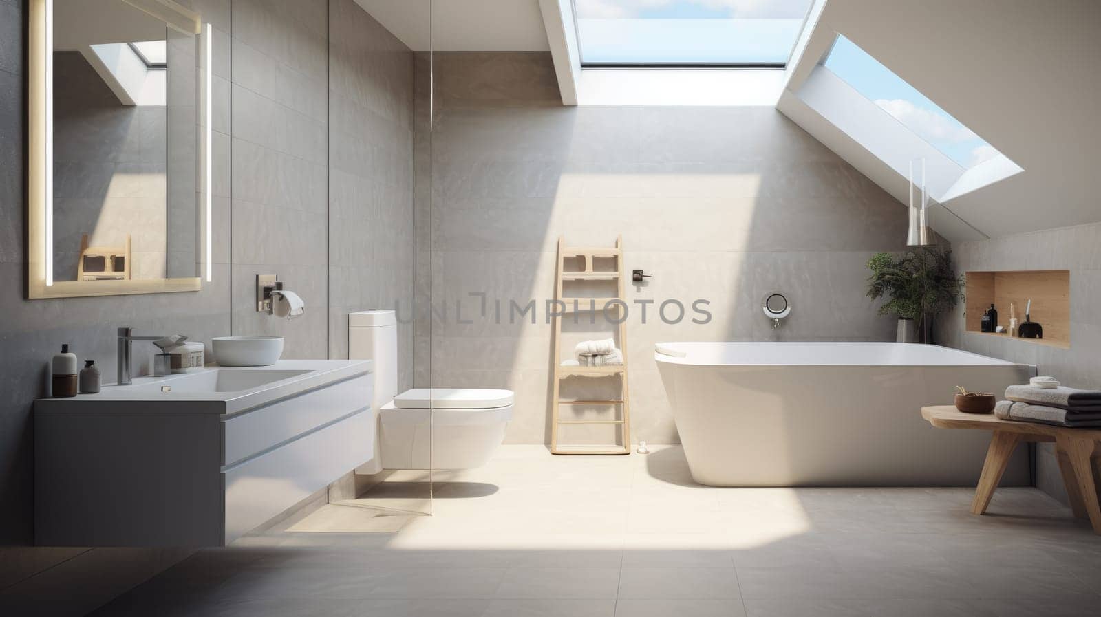 Beautiful bathroom in luxury home with bathtub, and shower. artificial art