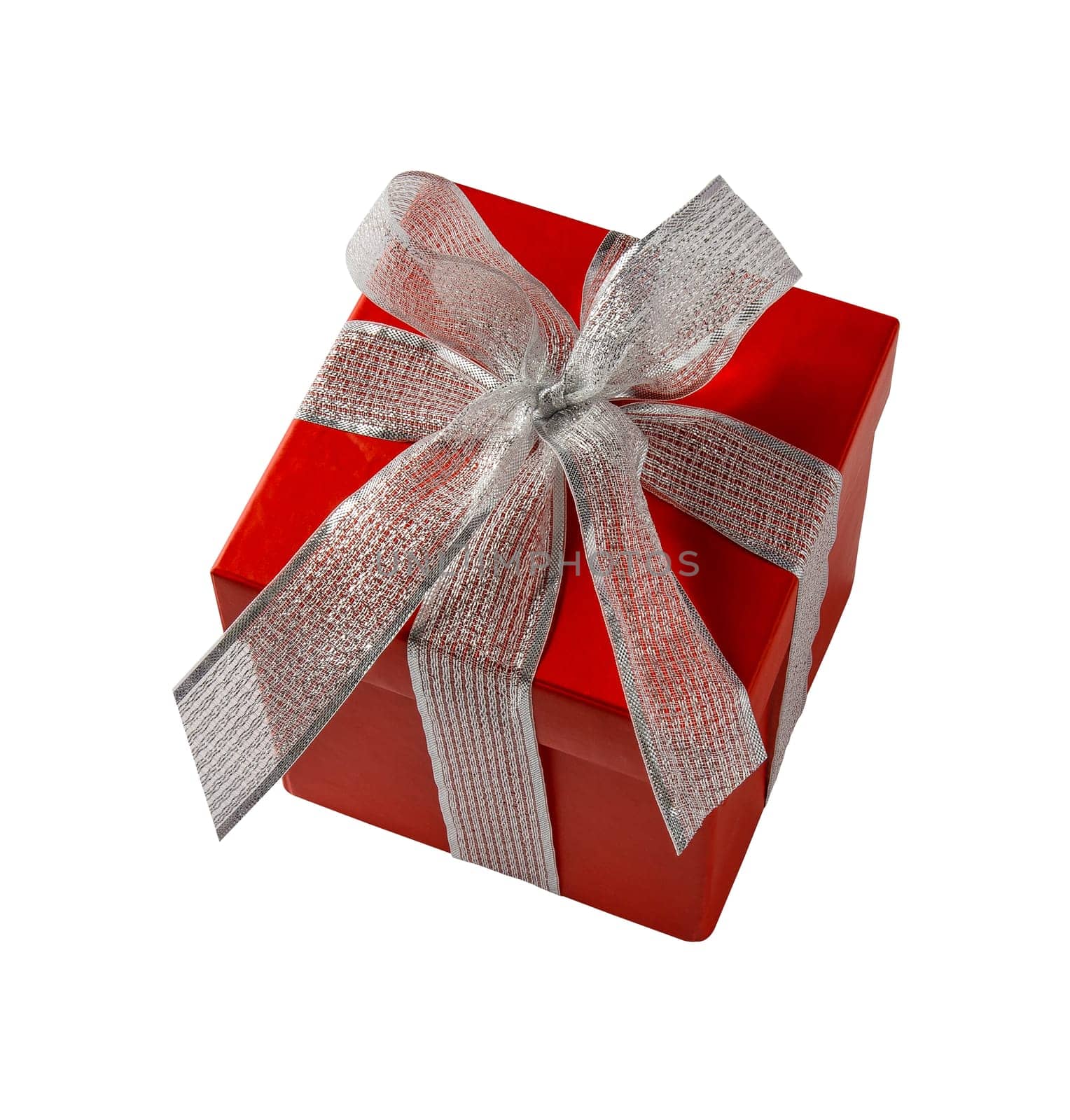 Bright red gift box with silver ribbon isolated on white background
