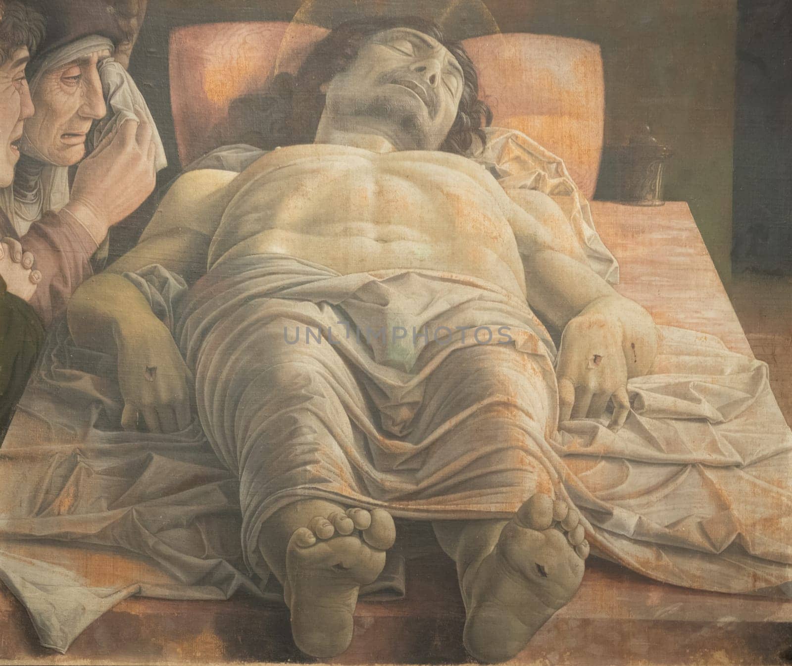 Milan, Italy - 23 September 2023: Brera antique painting museum. Lamentation over the Dead Christ, by Andrea Mantegna, 1483