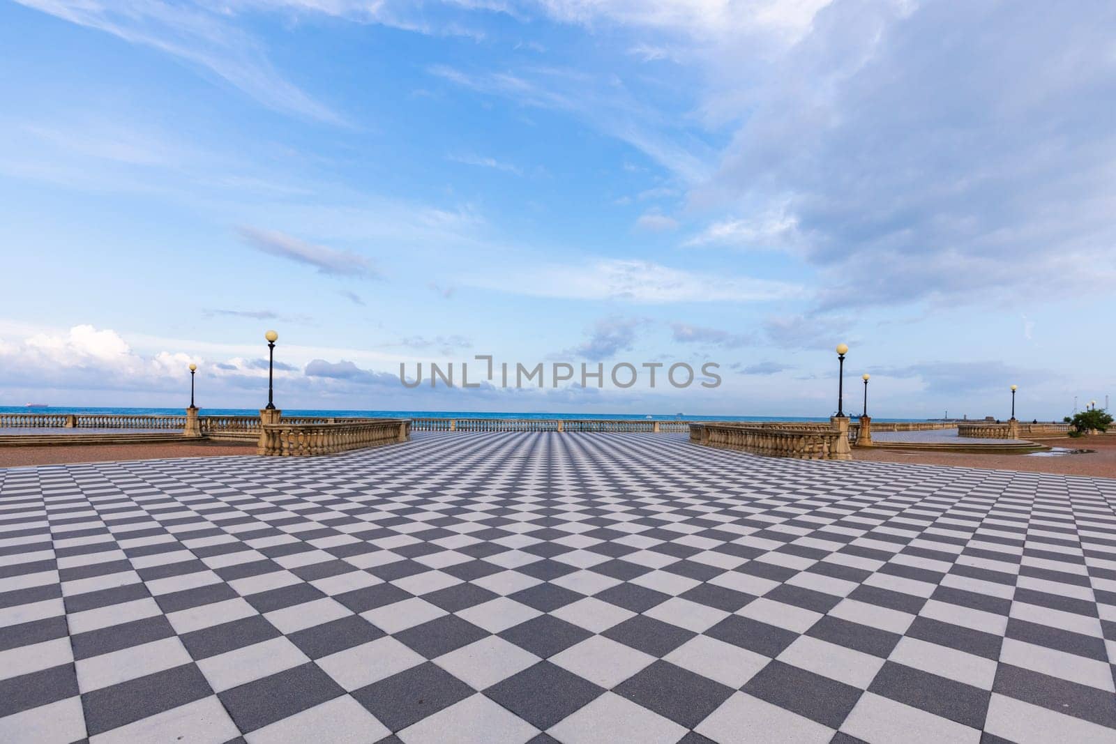 Livorno, Italy. Famous Mascagni Terrace - Terrazza Mascagni - with chess geometry pattern pavement