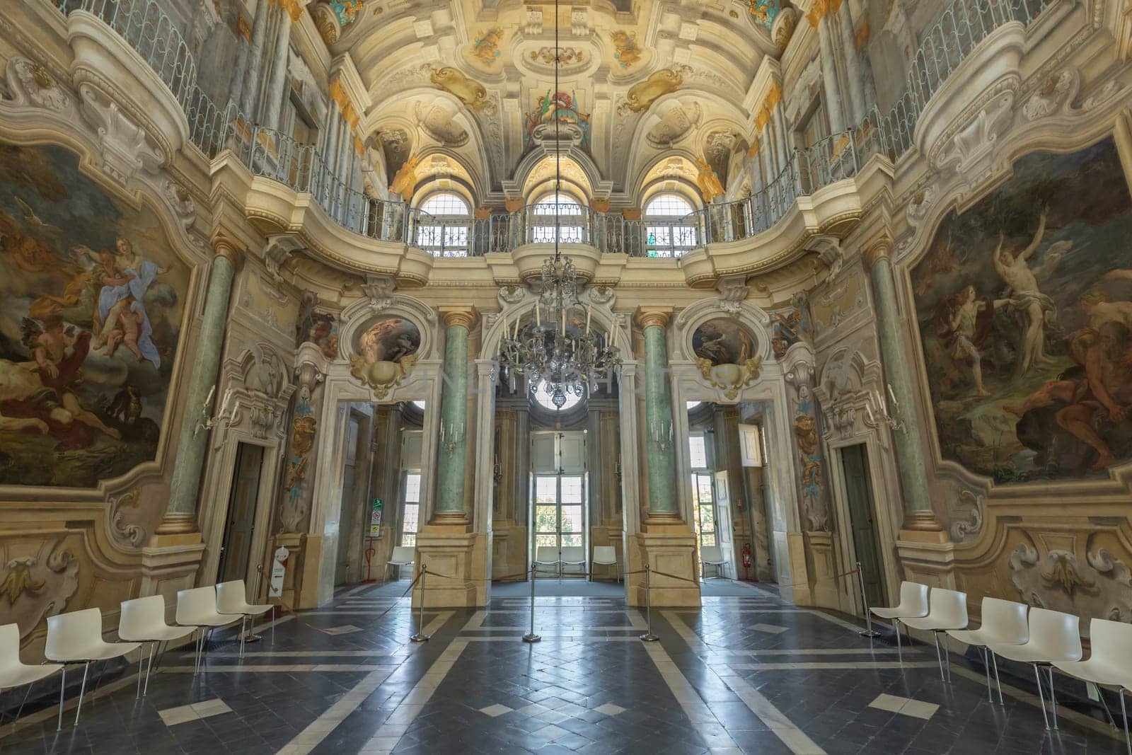 Turin, Italy - June 2022: Baroque luxury interior with marble of Queen's Palace - Villa della Regina