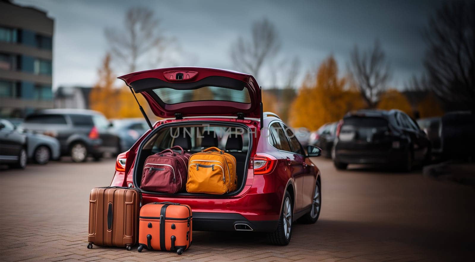 Summer Travel Time Overloaded Luggage. Baggages in the car for travel concept. Suitcases Holiday Concept Adventure Trip. Copy space Space for text