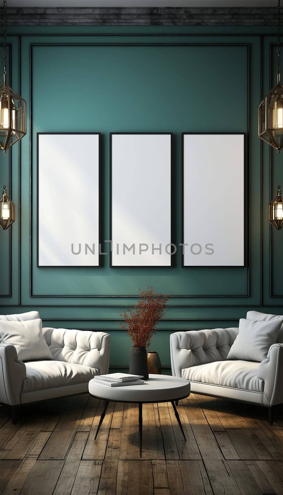 Sitting area Modern living room Mockup poster frame on the wall, a stylish sofa in Scandinavian Livingroom, 3d rendering, 3d illustration copy space. Stylish interior design Space for text