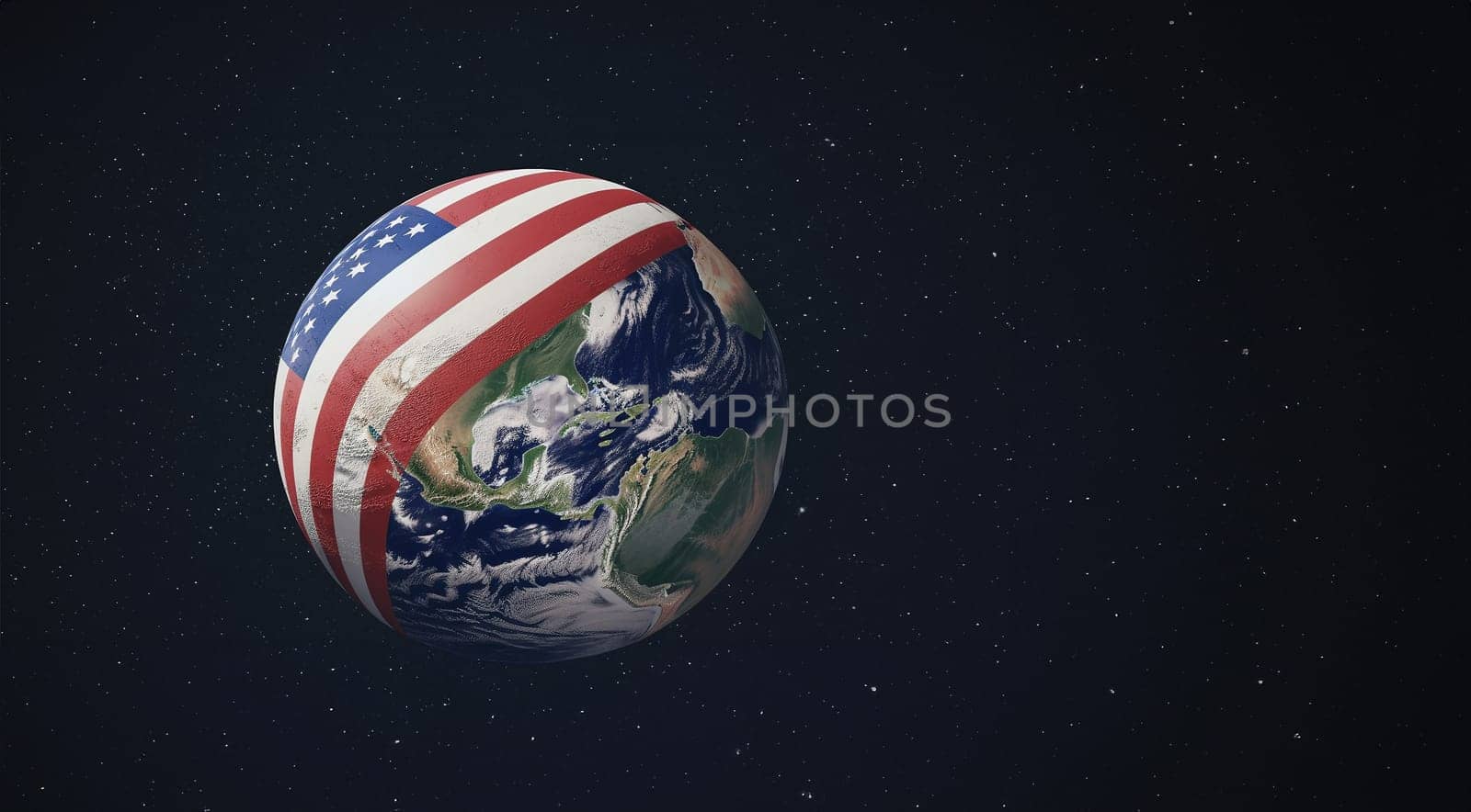 Flag of the United States on the Earth. Star Spangled flag, American flag. Colorful national flag. digital illustration,computer illustration, World domination of the USA. America with copy space. VS taking over the world Space for text