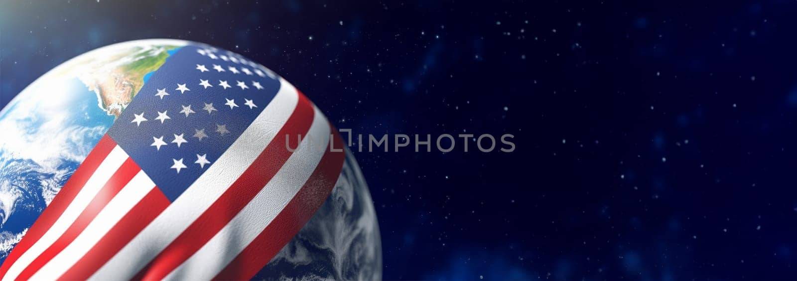 Flag of the United States on the Earth. Star Spangled flag, American flag. Colorful national flag. digital illustration,computer illustration, World domination of the USA. America with copy space. VS taking over the world Space for text