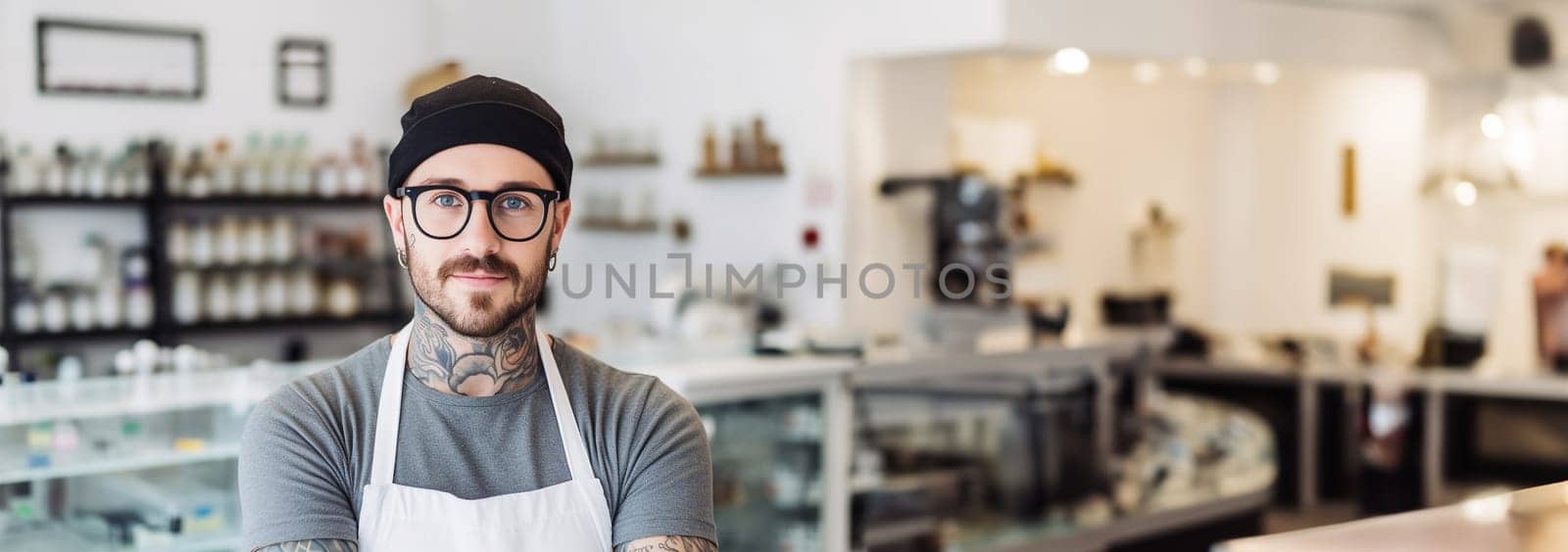 Confident tattooer master artist tattooed man wear apron hold hands crossed folded, machine black ink in jar, equipment for making tattoo art on body. Tattoo master inside of Tattoo shop. Proud owner entrepreneur copy space