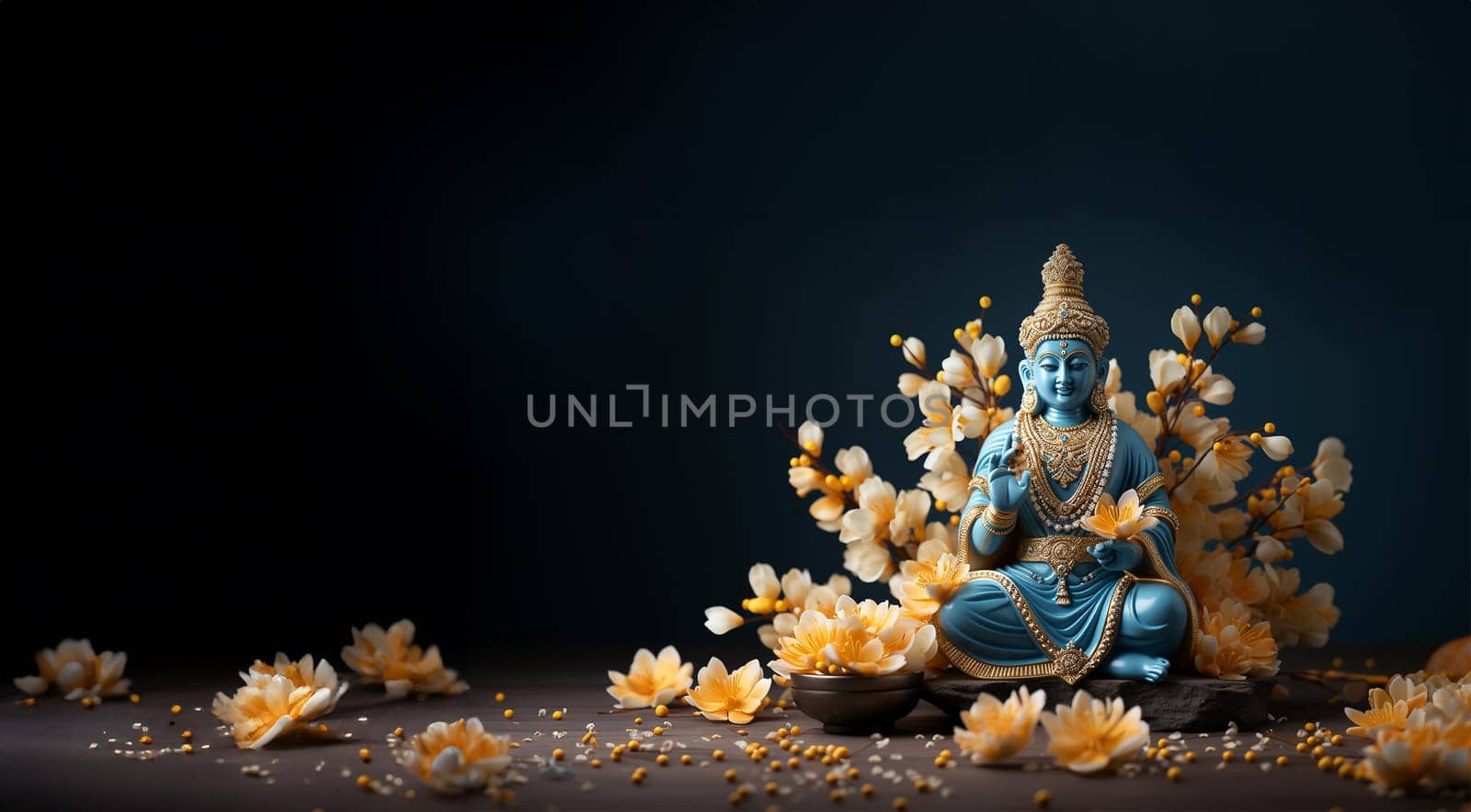 Hindu god. Vishnu, Indian lord of Hinduism. Hari god of ancient India. Hindu deity sitting on lotus flower, holding attributes. Traditional holy divinity. illustration copy space Space for text