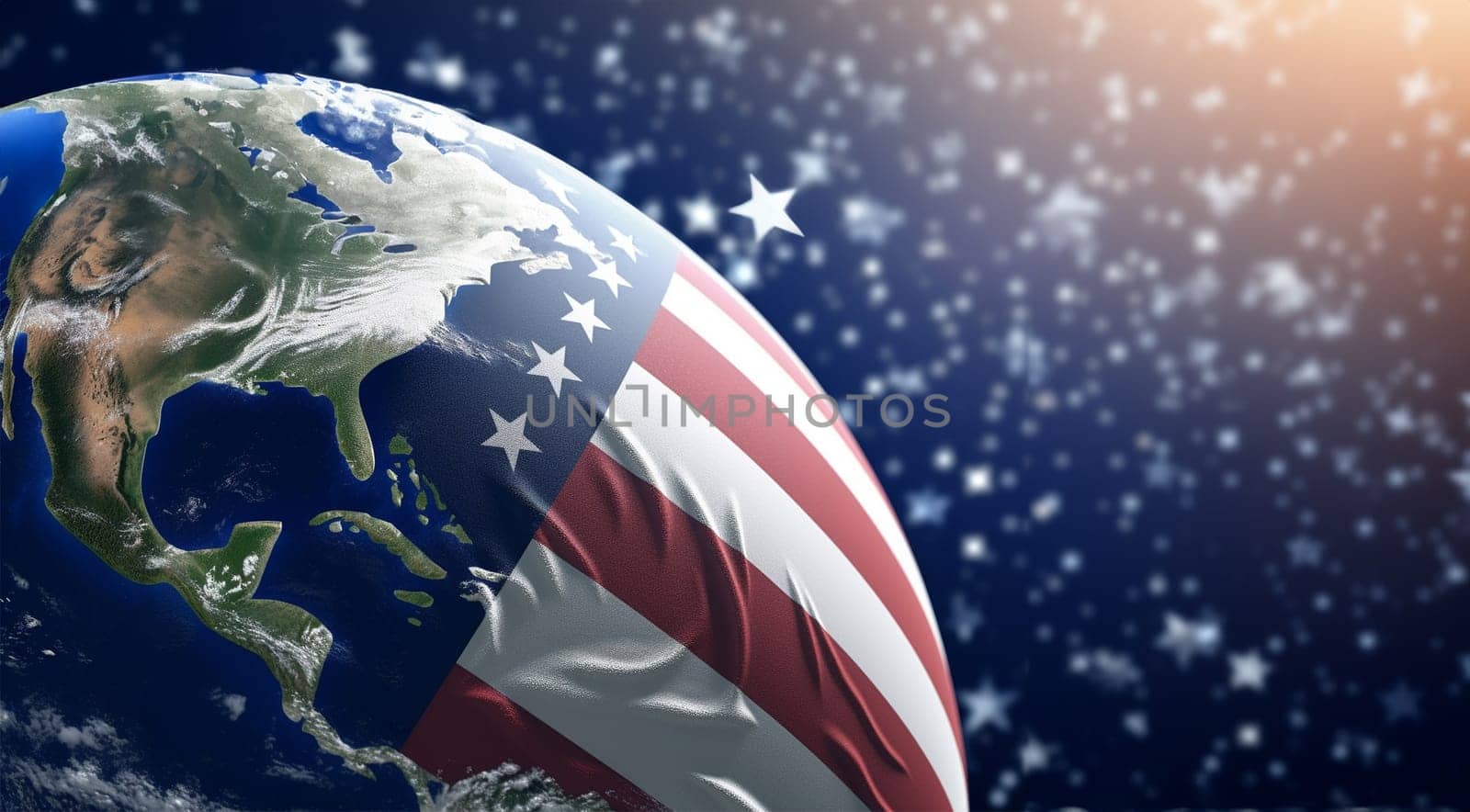 Flag of the United States on the Earth. Star Spangled flag, American flag. Colorful national flag. digital illustration,computer illustration, World domination of the USA. America with copy space. VS taking over the world Space for text