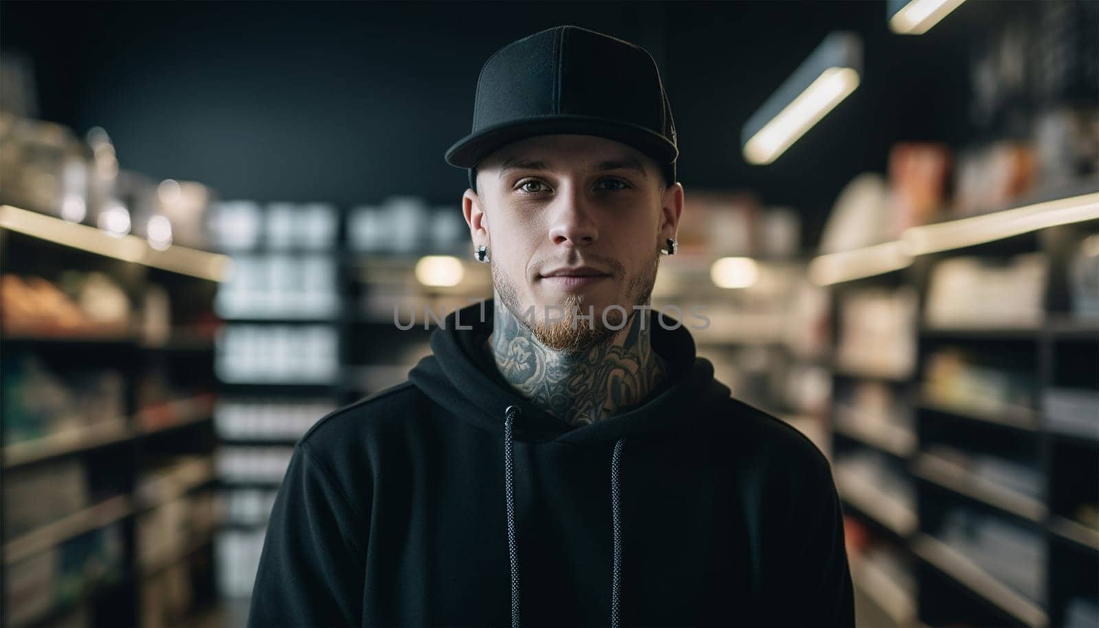 Confident tattooer master artist tattooed man wear apron hold hands crossed folded, machine black ink in jar, equipment for making tattoo art on body. Tattoo master inside of Tattoo shop. Proud owner entrepreneur copy space