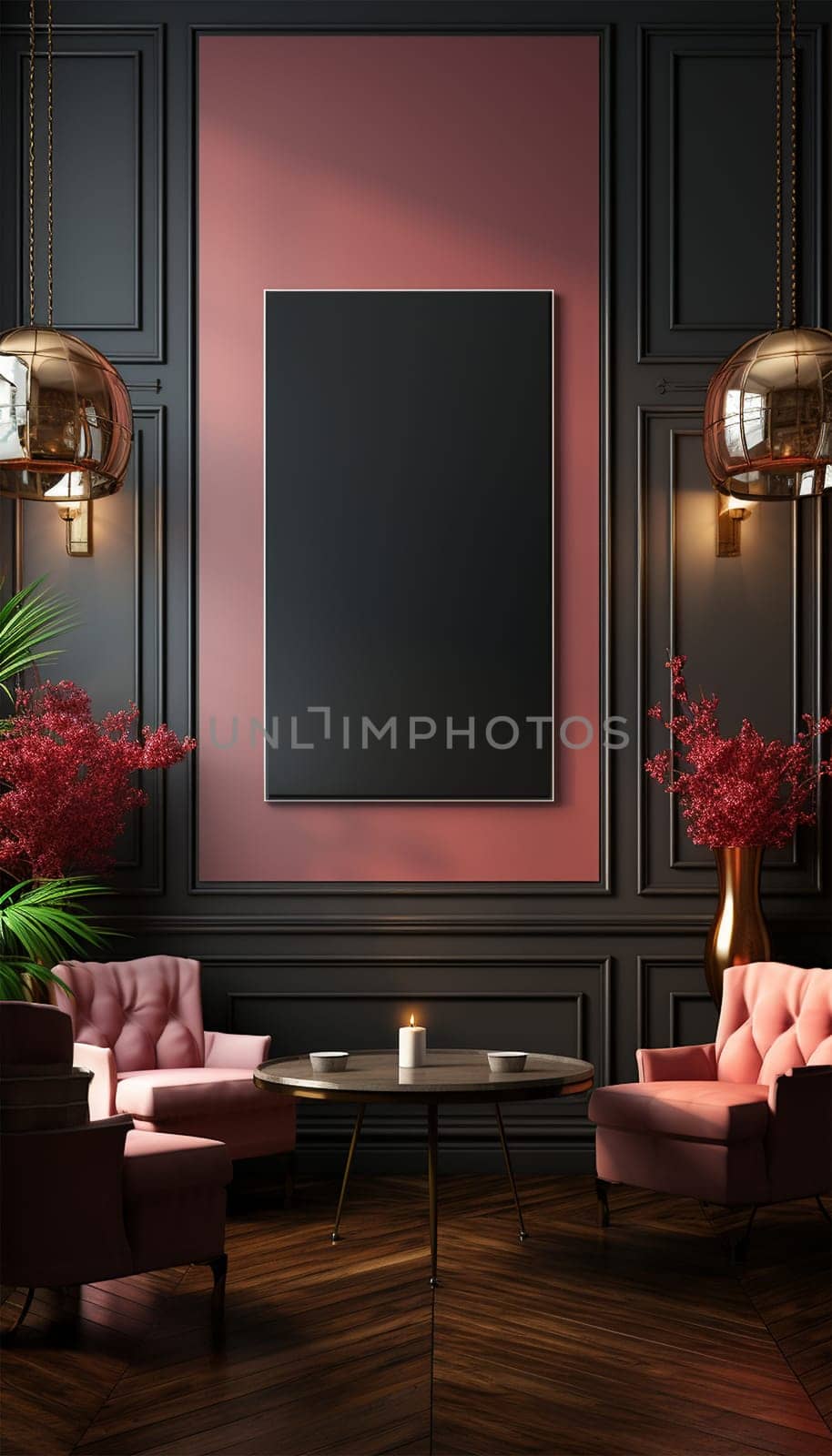 Sitting area Modern living room Mockup poster frame on the wall, a stylish sofa in Scandinavian Livingroom, 3d rendering, 3d illustration copy space. Stylish interior design Space for text