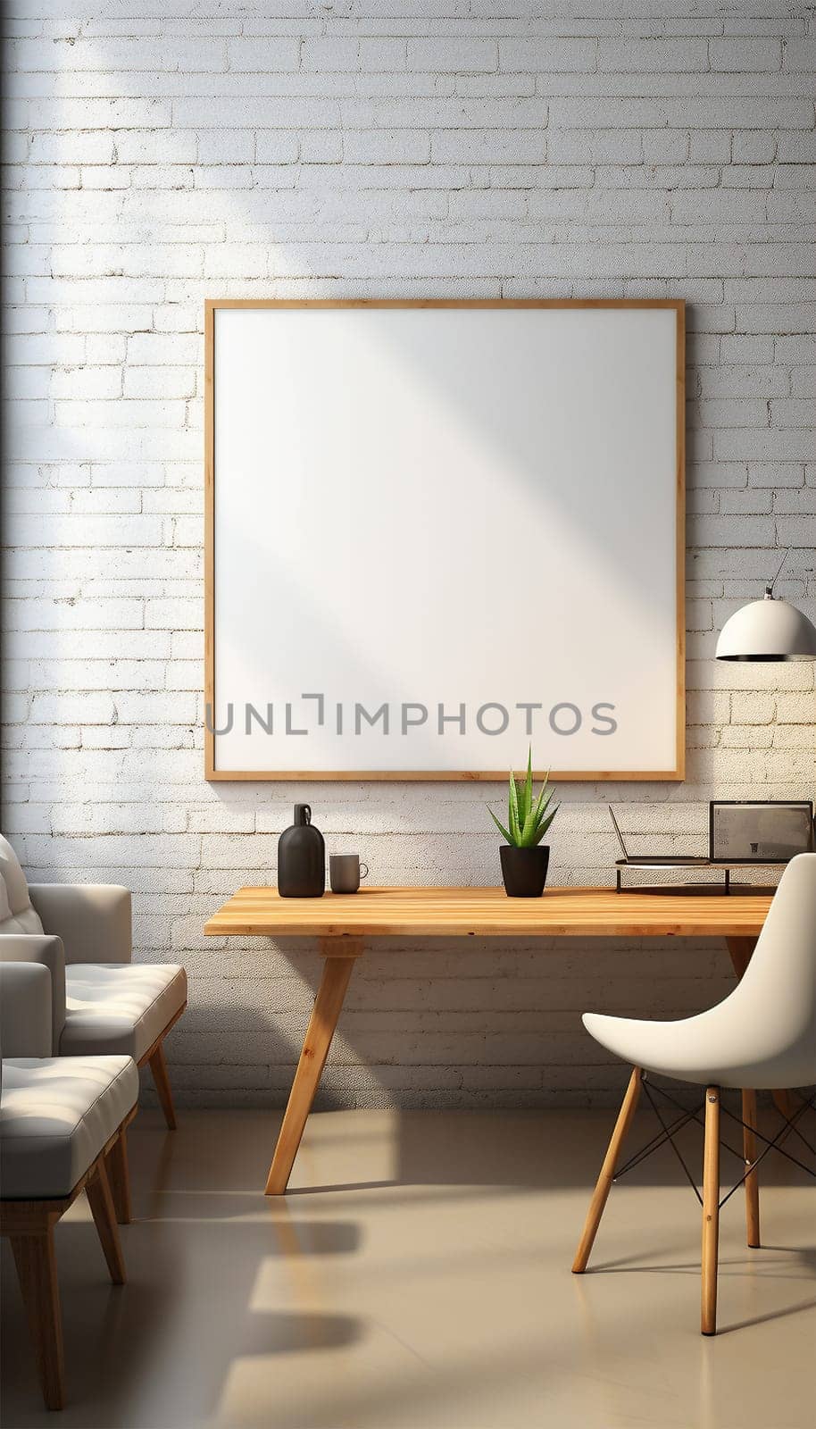 Sitting area Modern living room Mockup poster frame on the wall, a stylish sofa in Scandinavian Livingroom, 3d rendering, 3d illustration copy space. Stylish interior design Space for text