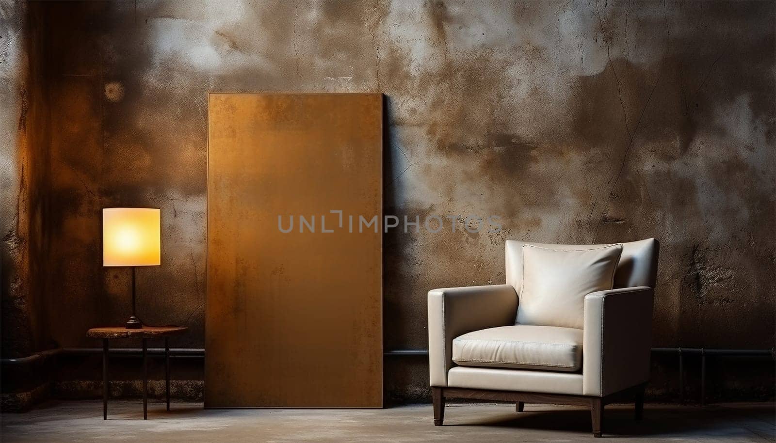 Stylish interior of living room with design modular sofa, furniture, wooden coffee table, rattan decoration, mock up picture frame, pillow, dried flowers and elegant accessories in modern home decor. Luxury hotel chique design 3D. Copy space Space for text