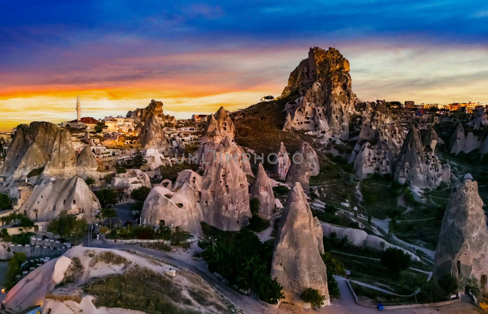 View of Uchisar Castle in Nevsehir Province in Cappadocia, Turkey after sunset
