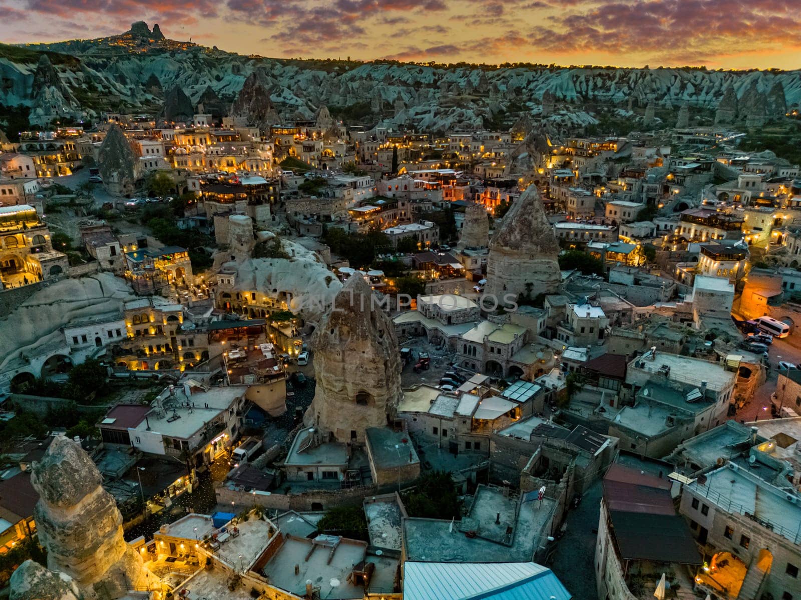 Aerial view of Goreme in Nevsehir Province in Cappadocia, Turkey.