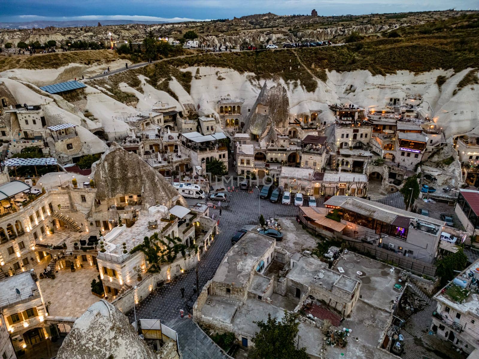 Aerial view of Goreme in Nevsehir Province in Cappadocia, Turkey.