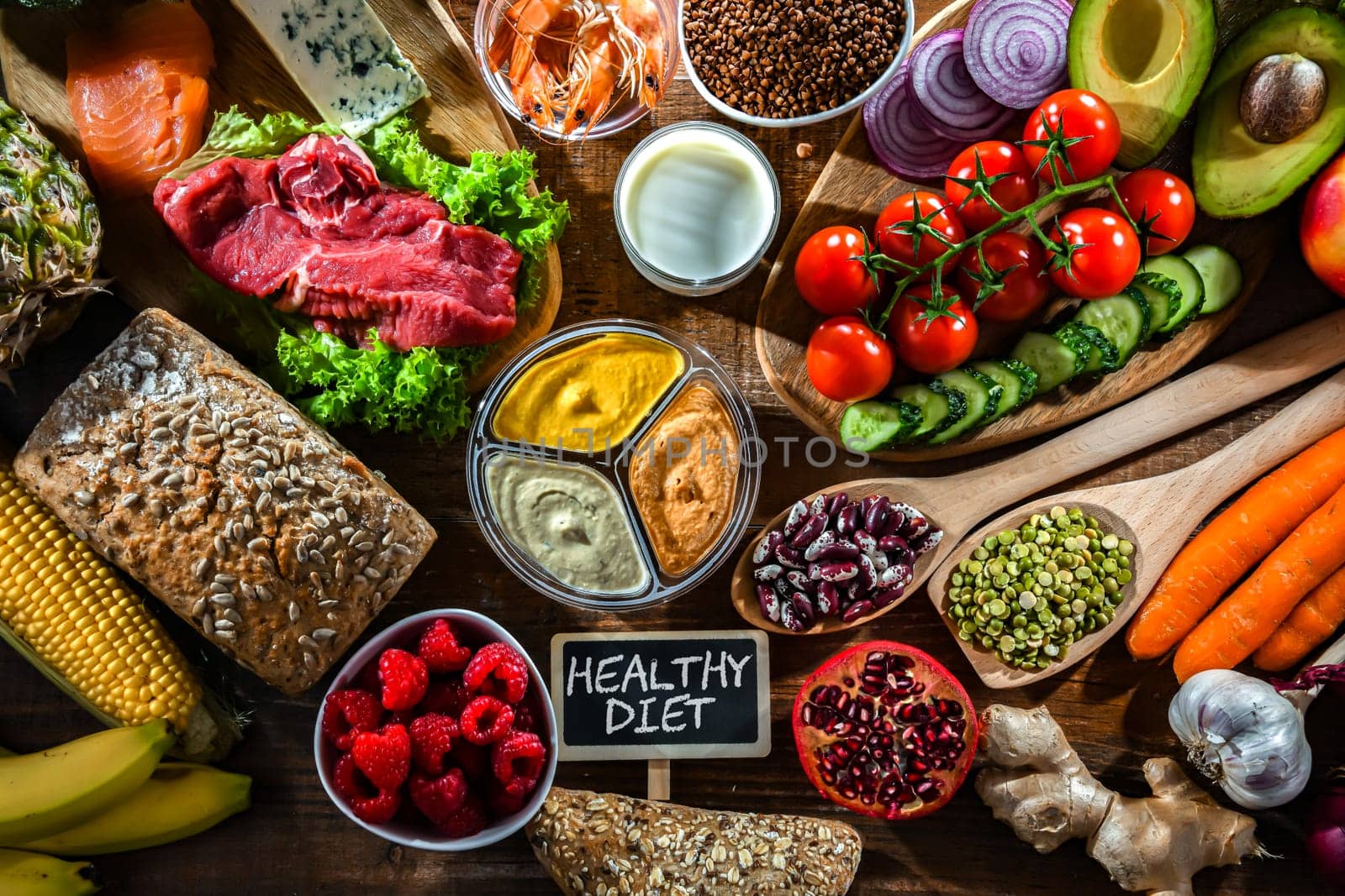 A variety of food products representing balanced diet