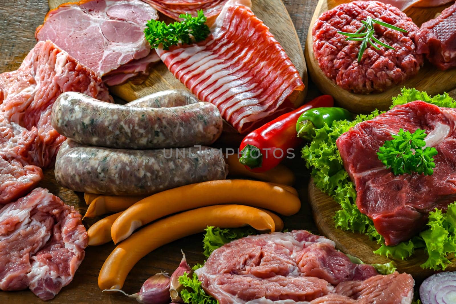 Composition with a variety of meat products.