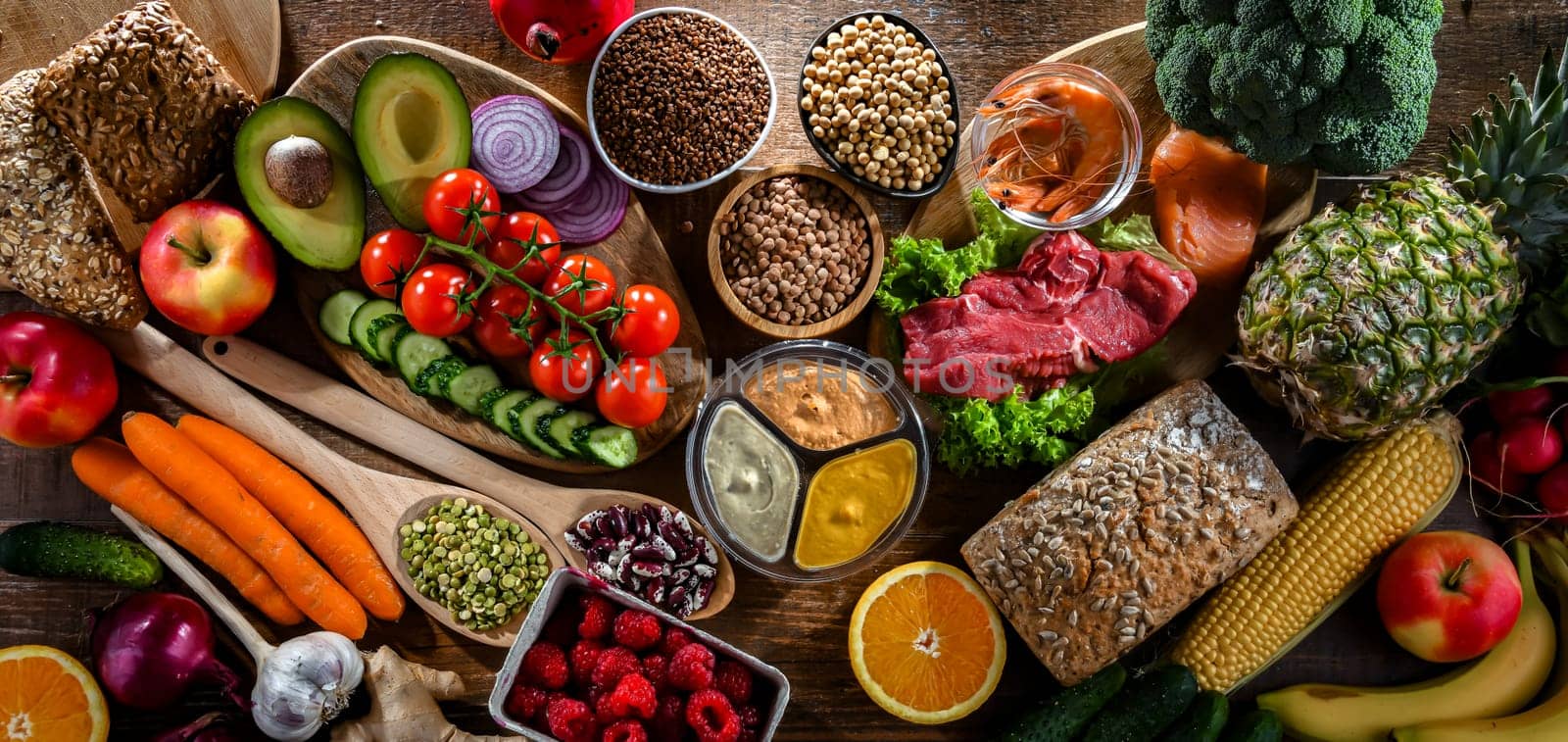 A variety of food products representing balanced diet