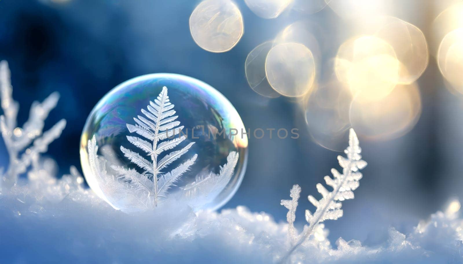 Frozen soap bubble in the snow with beautiful ice flower from the frost.