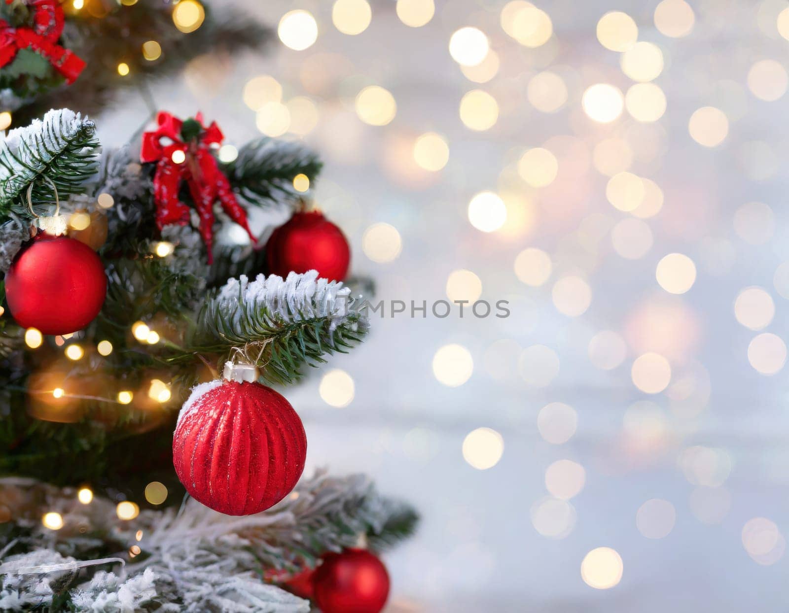 christmas tree closeup with bokeh lights copyspace generative ai