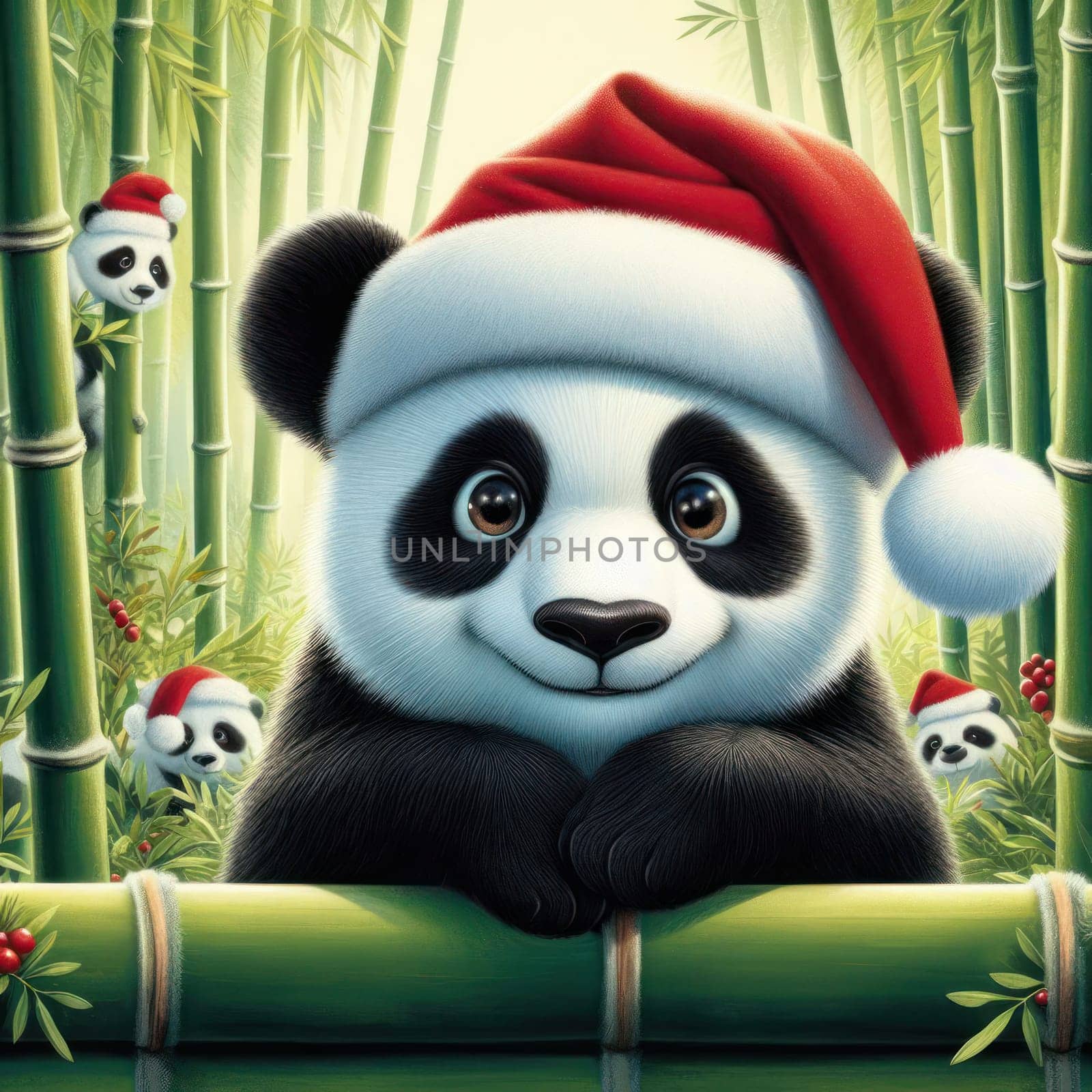 cute panda bear wearing santa hat at christmas time 3d art generative ai