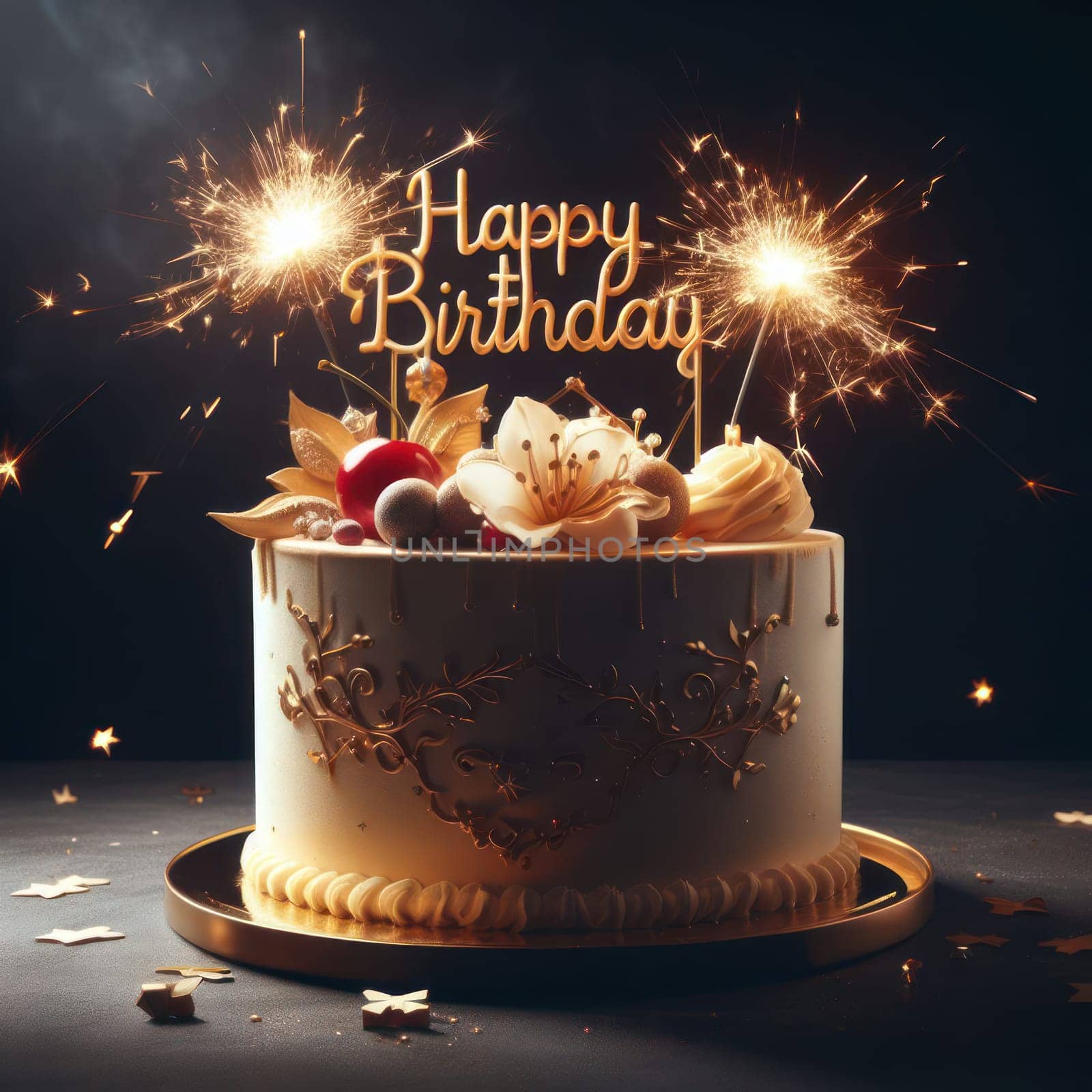 beautiful delicious and luxurious happy birthday cake with sparkler candles