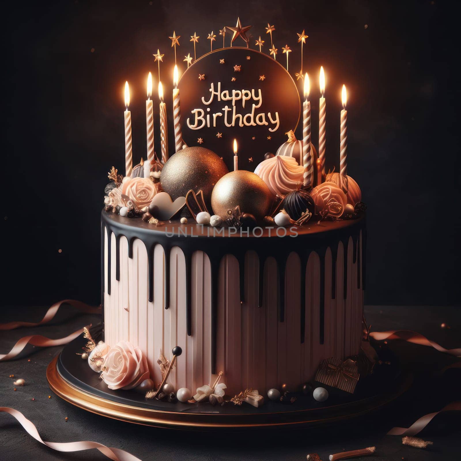 beautiful delicious and luxurious happy birthday cake with candles