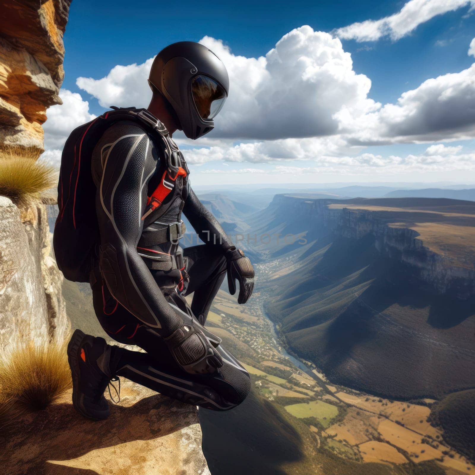 person about to make the big leap and base jump off a cliff edge generative ai