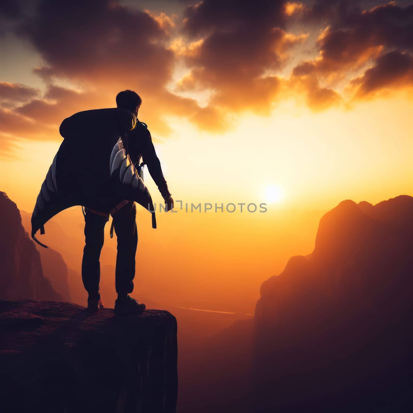 person about to make the big leap and base jump off a cliff with a wingsuit generative ai