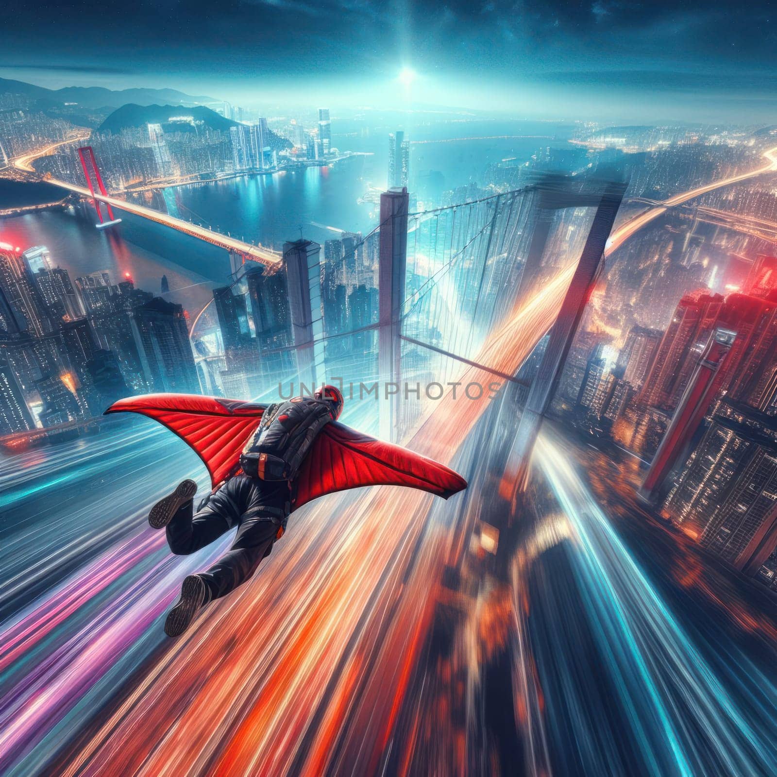 wingsuit skydiving and flying into a large city concept illustration generative ai