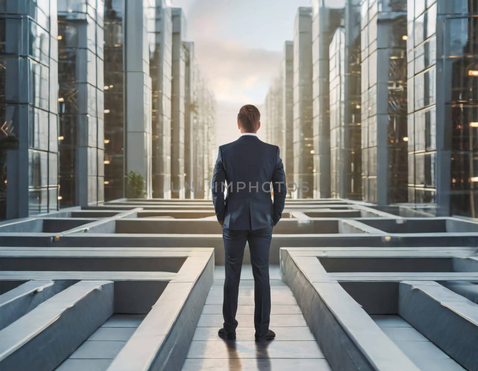 business person stops and thinks about strategy before a complicated maze concept generative ai