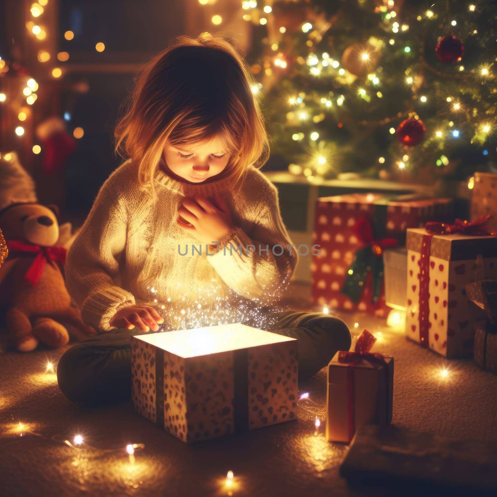 young child opening a wondrous glowing gift on christmas morning generative ai