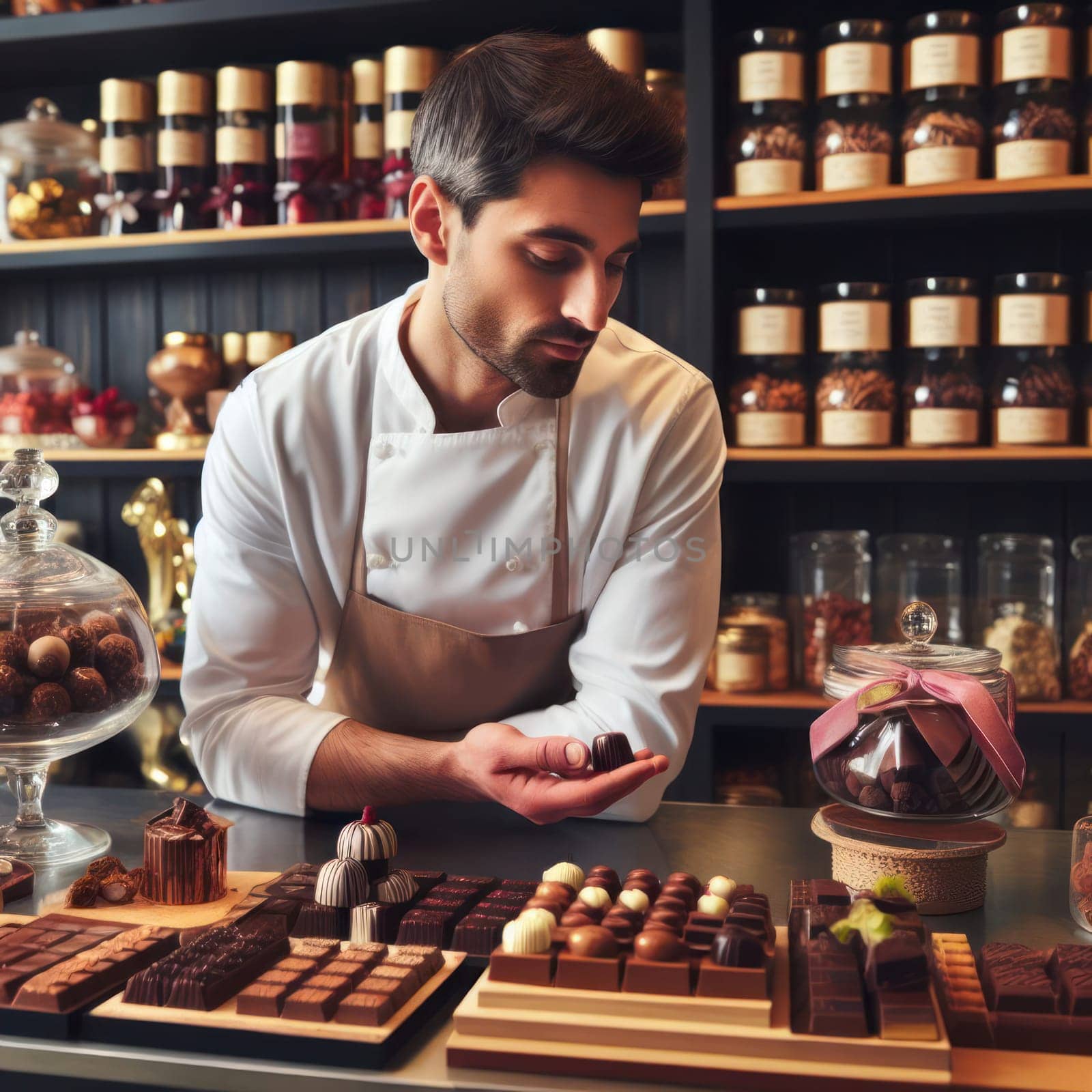 chocolatier pastry chef proudly presents their delicious range of fine chocolates generative ai