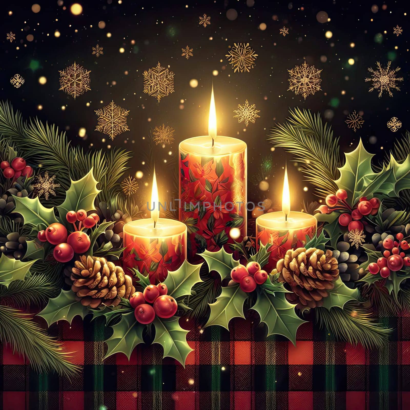 candles and ornaments christmas background or wrapping paper generative ai