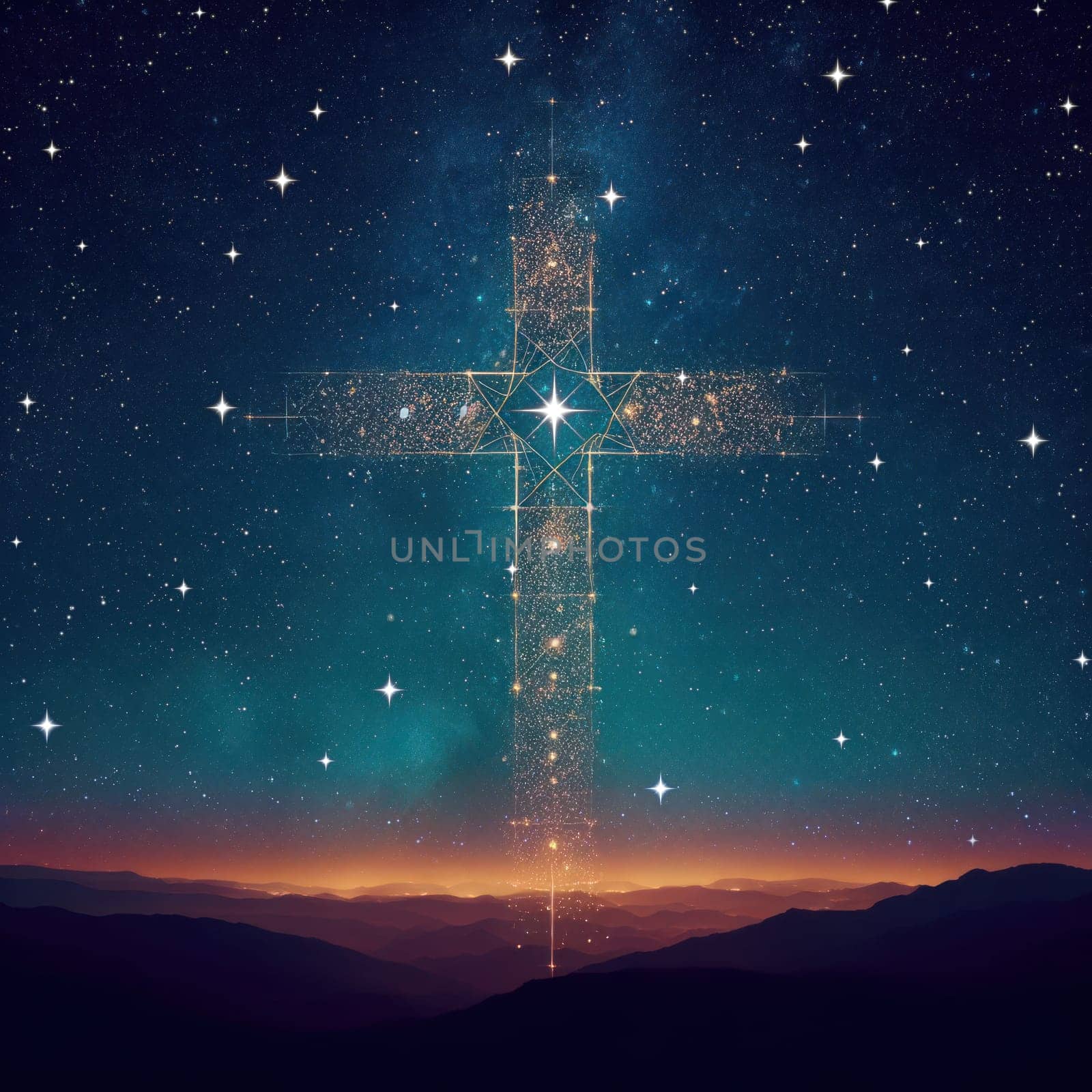 glowing stars forming the christian cross of christ at night illustration generative ai