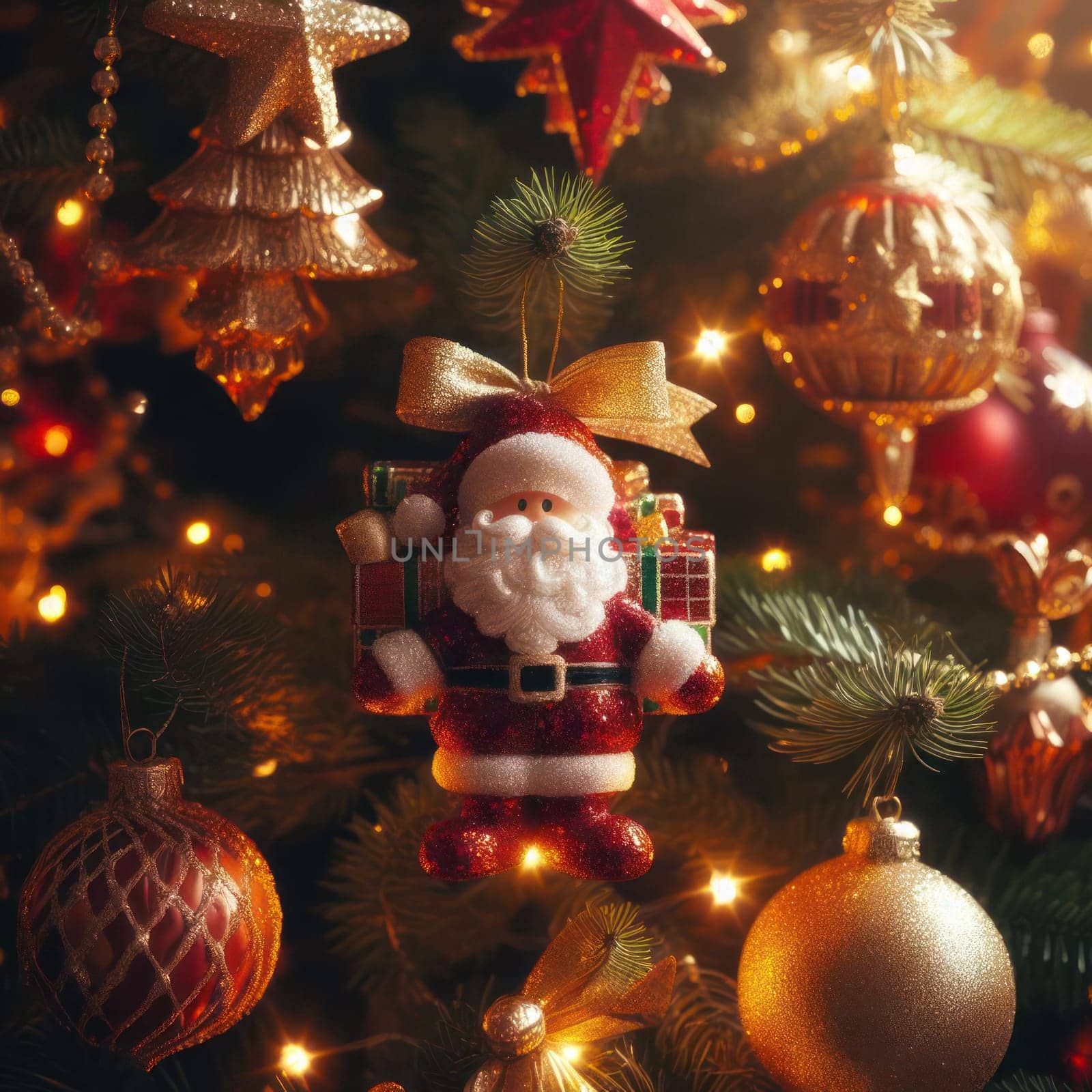 closeup of beautiful tree with lights and ornaments generative ai